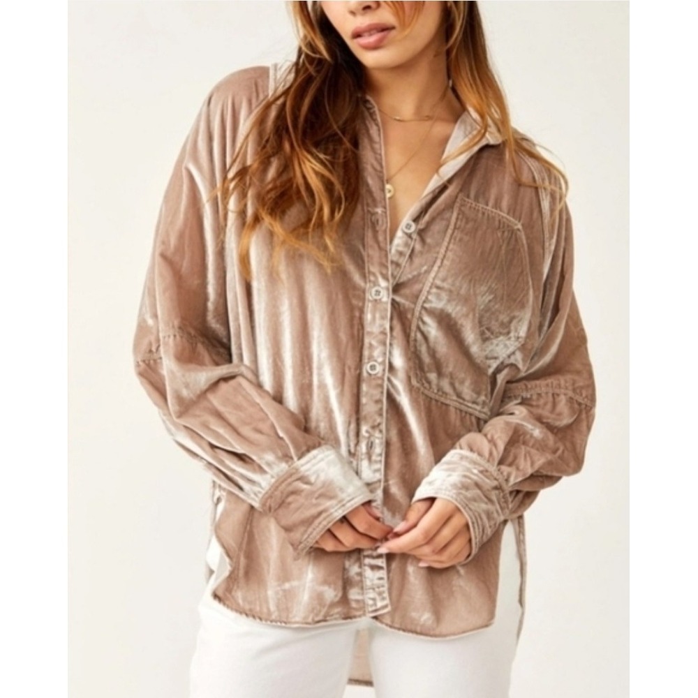 Free People Night Skies Velvet Oversized Button Down Top Shirt Taupe S Boho
